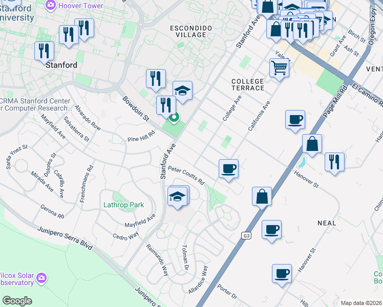map of restaurants, bars, coffee shops, grocery stores, and more near 2170 Amherst Street in Palo Alto