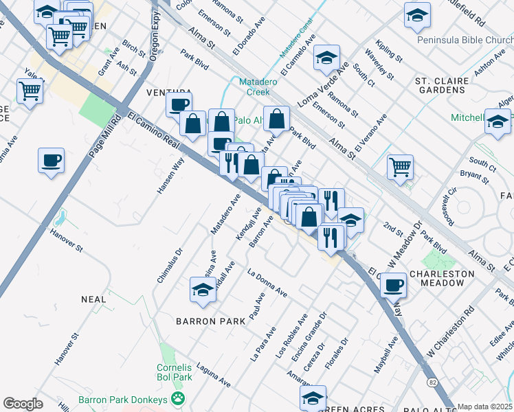 map of restaurants, bars, coffee shops, grocery stores, and more near 3630 El Camino Real in Palo Alto