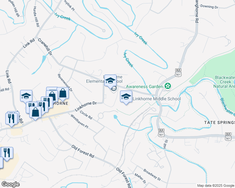 map of restaurants, bars, coffee shops, grocery stores, and more near 2501 Linkhorne Drive in Lynchburg