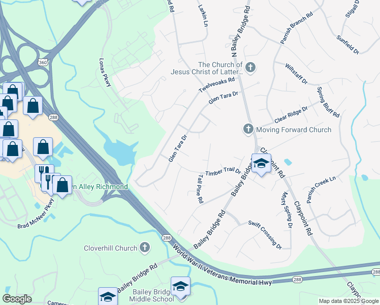 map of restaurants, bars, coffee shops, grocery stores, and more near 12204 Gable Way in Midlothian