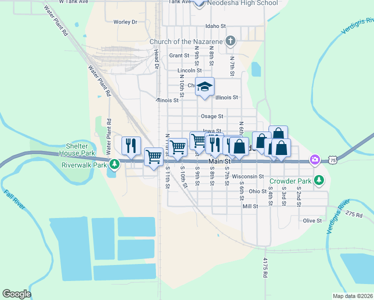 map of restaurants, bars, coffee shops, grocery stores, and more near 201-249 North 10th Street in Neodesha