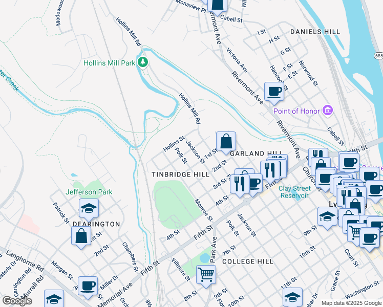 map of restaurants, bars, coffee shops, grocery stores, and more near 79 Jackson Street in Lynchburg