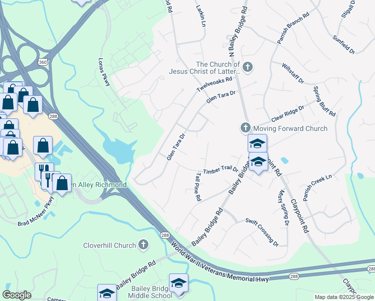 map of restaurants, bars, coffee shops, grocery stores, and more near 12204 Gable Way in Midlothian