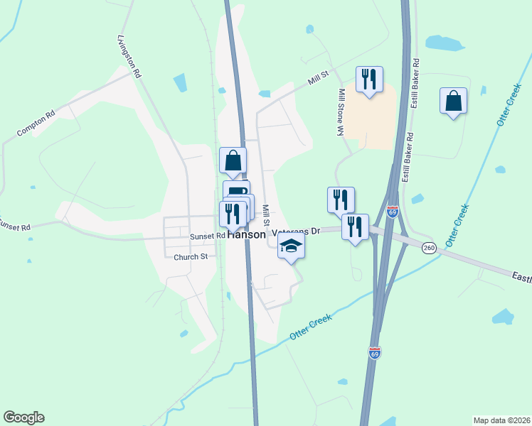 map of restaurants, bars, coffee shops, grocery stores, and more near 51 Mill Street in Hanson