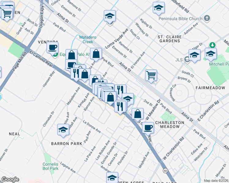 map of restaurants, bars, coffee shops, grocery stores, and more near 327 Curtner Avenue in Palo Alto