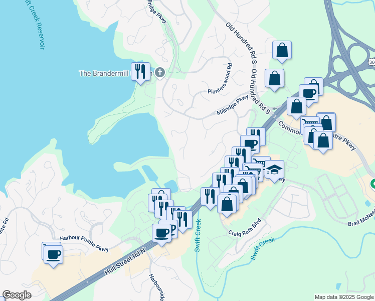 map of restaurants, bars, coffee shops, grocery stores, and more near 5007 Long Shadow Court in Midlothian