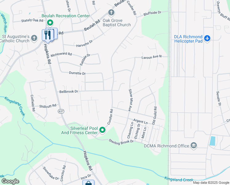 map of restaurants, bars, coffee shops, grocery stores, and more near 7501 Conifer Road in Richmond