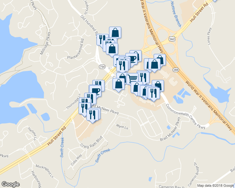 map of restaurants, bars, coffee shops, grocery stores, and more near 5206 Hunt Master Drive in Midlothian