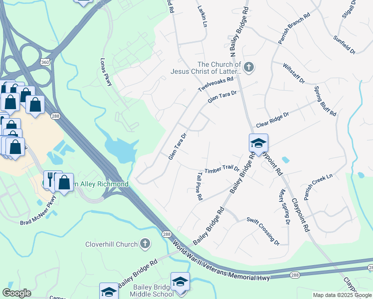 map of restaurants, bars, coffee shops, grocery stores, and more near 12206 Gable Way in Midlothian