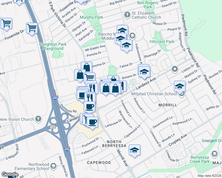 map of restaurants, bars, coffee shops, grocery stores, and more near 1578 Big Basin Drive in Milpitas
