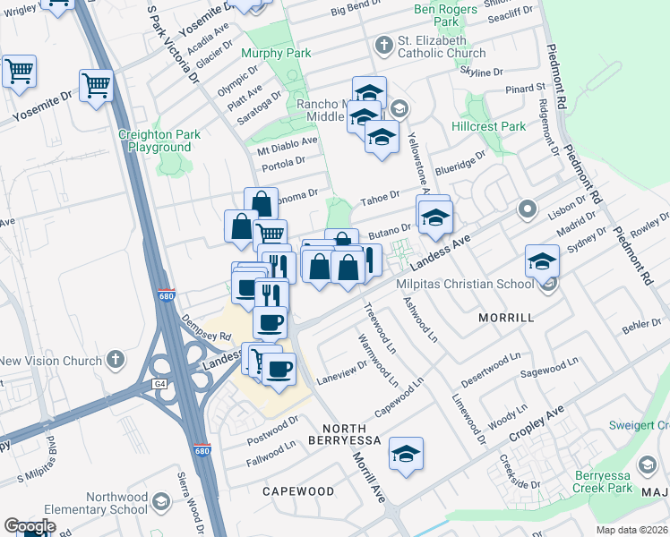 map of restaurants, bars, coffee shops, grocery stores, and more near 1578 Big Basin Drive in Milpitas