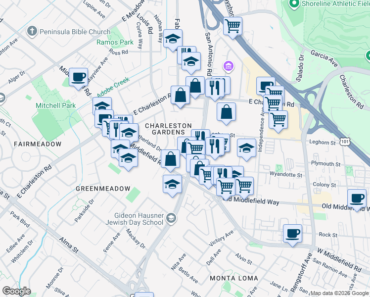 map of restaurants, bars, coffee shops, grocery stores, and more near 777 San Antonio Road in Palo Alto