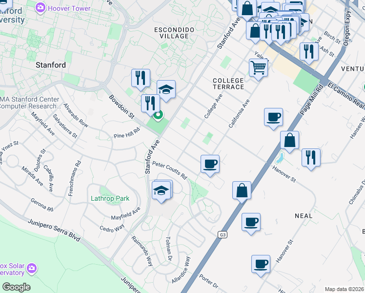 map of restaurants, bars, coffee shops, grocery stores, and more near 2196 Columbia Street in Palo Alto