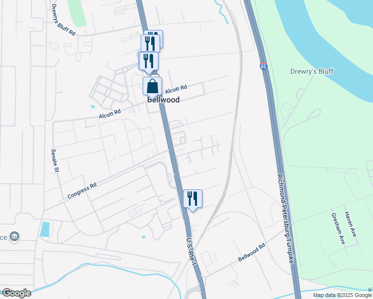 map of restaurants, bars, coffee shops, grocery stores, and more near 7719 Jefferson Davis Highway in Richmond