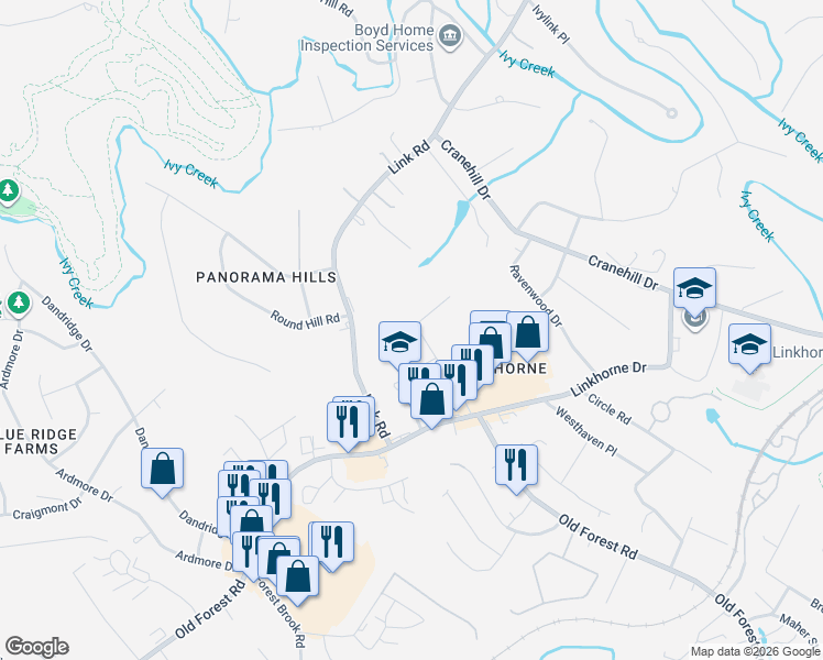 map of restaurants, bars, coffee shops, grocery stores, and more near 2716 Rainbow Circle in Lynchburg