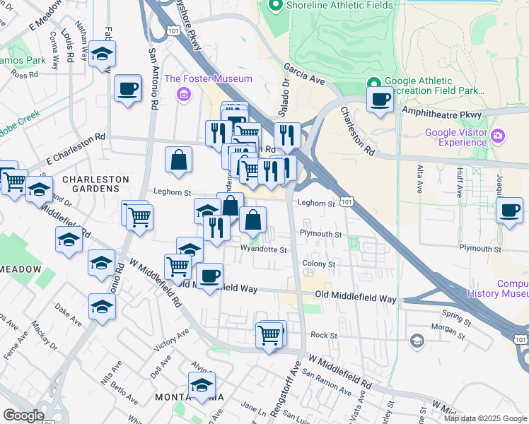 map of restaurants, bars, coffee shops, grocery stores, and more near 2301 Leghorn Street in Mountain View