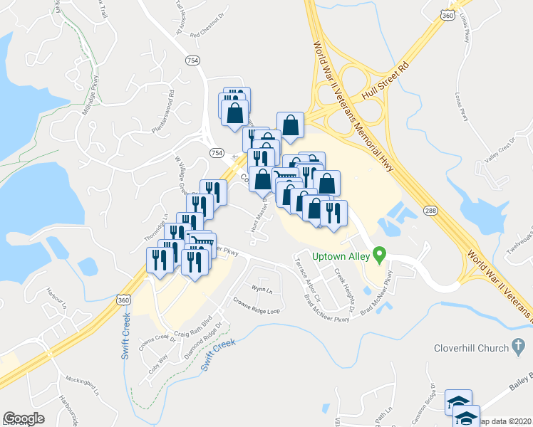 map of restaurants, bars, coffee shops, grocery stores, and more near 5325 Hunt Master Drive in Midlothian