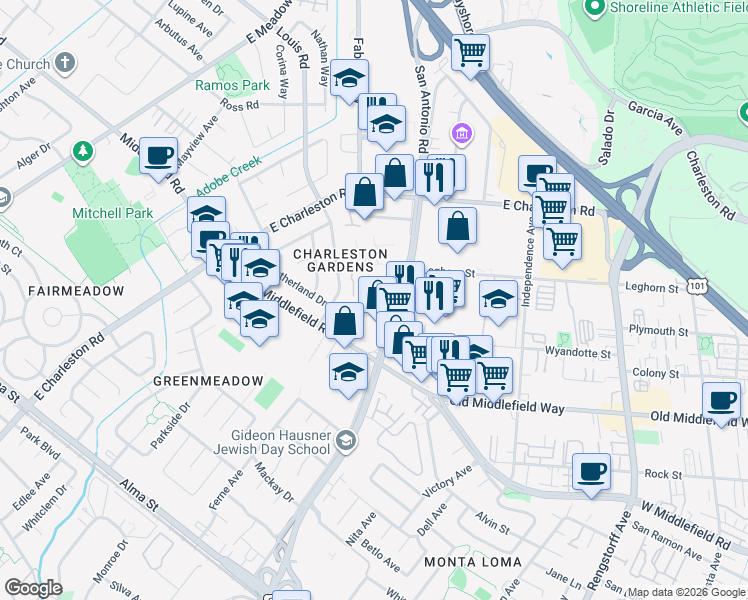 map of restaurants, bars, coffee shops, grocery stores, and more near 777 San Antonio Road in Palo Alto