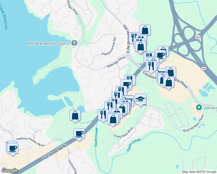 map of restaurants, bars, coffee shops, grocery stores, and more near 13305 Thornridge Court in Midlothian