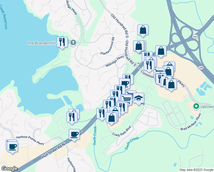 map of restaurants, bars, coffee shops, grocery stores, and more near 13305 Thornridge Court in Midlothian
