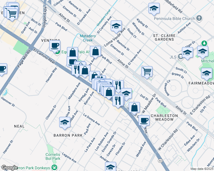 map of restaurants, bars, coffee shops, grocery stores, and more near 391 Curtner Avenue in Palo Alto