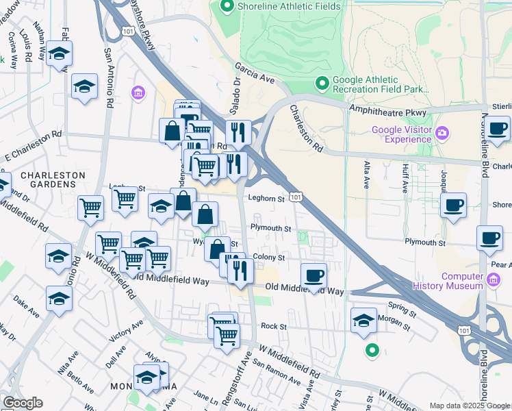 map of restaurants, bars, coffee shops, grocery stores, and more near 2025 Leghorn Street in Mountain View