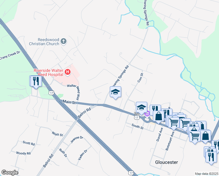 map of restaurants, bars, coffee shops, grocery stores, and more near 7486 Roaring Springs Road in Gloucester