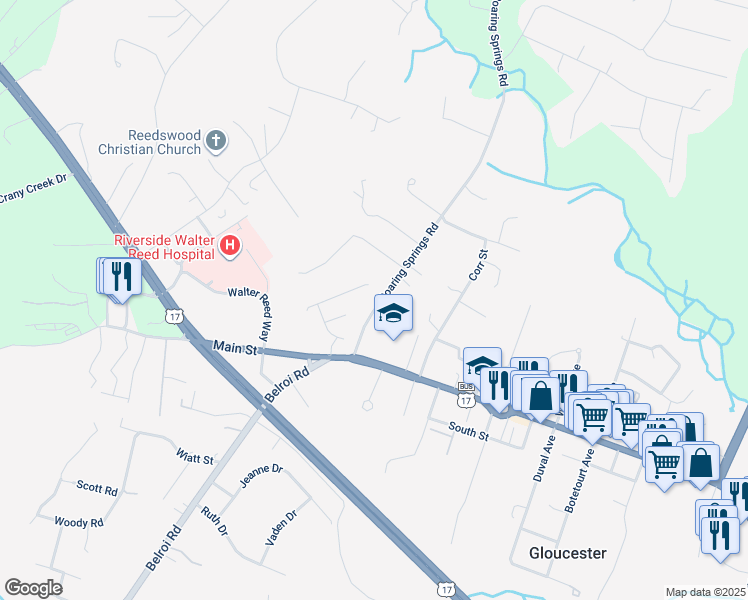 map of restaurants, bars, coffee shops, grocery stores, and more near 7486 Roaring Springs Road in Gloucester