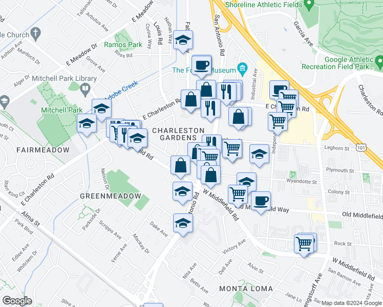 map of restaurants, bars, coffee shops, grocery stores, and more near 765 San Antonio Road in Palo Alto
