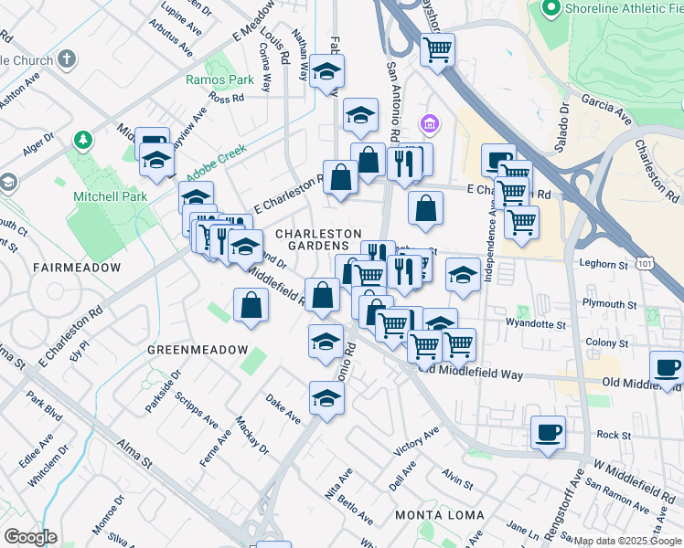 map of restaurants, bars, coffee shops, grocery stores, and more near in Palo Alto