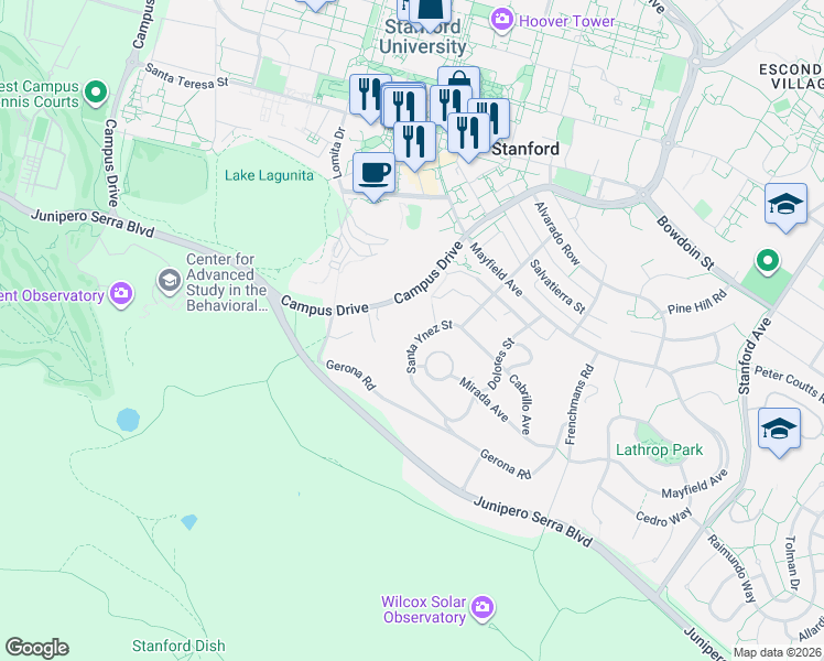 map of restaurants, bars, coffee shops, grocery stores, and more near 746 Santa Ynez Street in Stanford