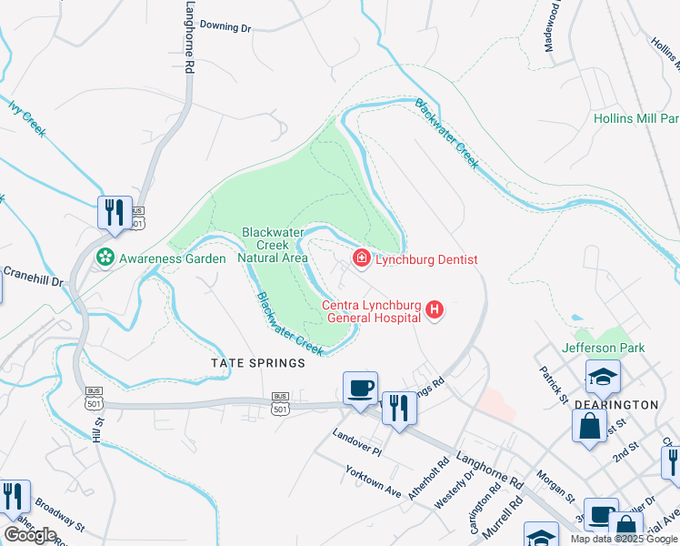 map of restaurants, bars, coffee shops, grocery stores, and more near 1945 Thomson Drive in Lynchburg