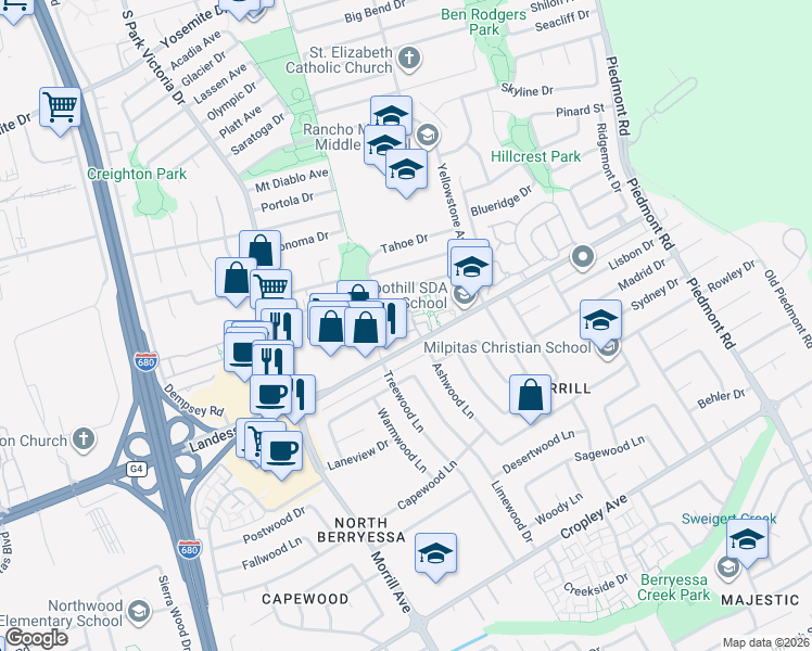 map of restaurants, bars, coffee shops, grocery stores, and more near 1362 Highland Court in Milpitas
