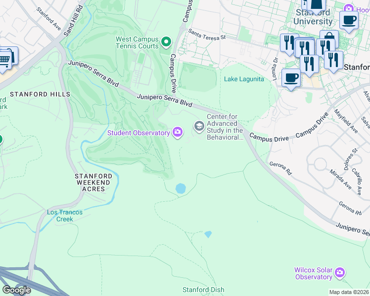 map of restaurants, bars, coffee shops, grocery stores, and more near 51 Vista Lane in Stanford