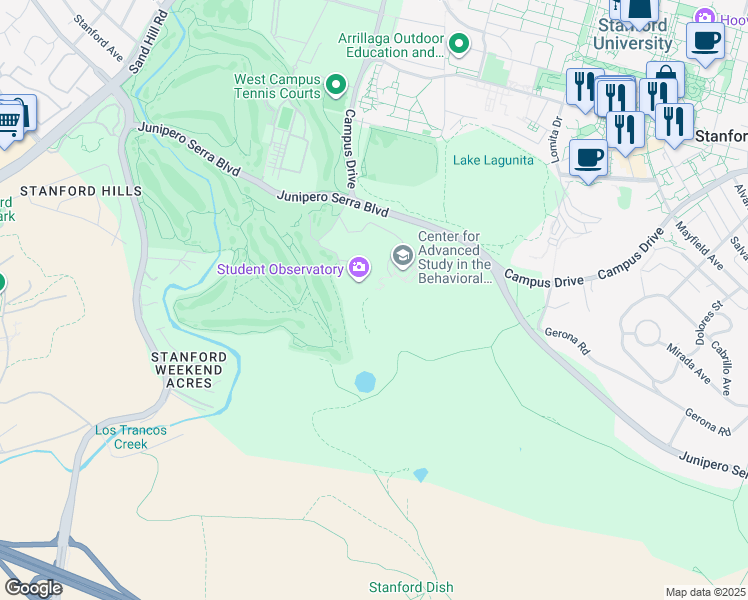 map of restaurants, bars, coffee shops, grocery stores, and more near 51 Vista Lane in Stanford