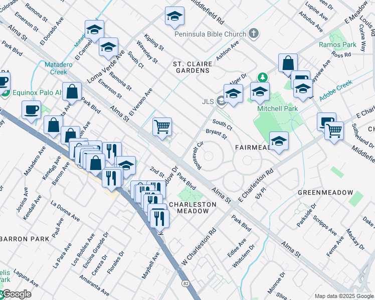 map of restaurants, bars, coffee shops, grocery stores, and more near Emerson Street & East Meadow Drive in Palo Alto