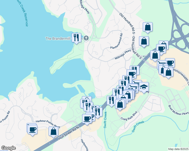 map of restaurants, bars, coffee shops, grocery stores, and more near 4906 Long Shadow Terrace in Midlothian