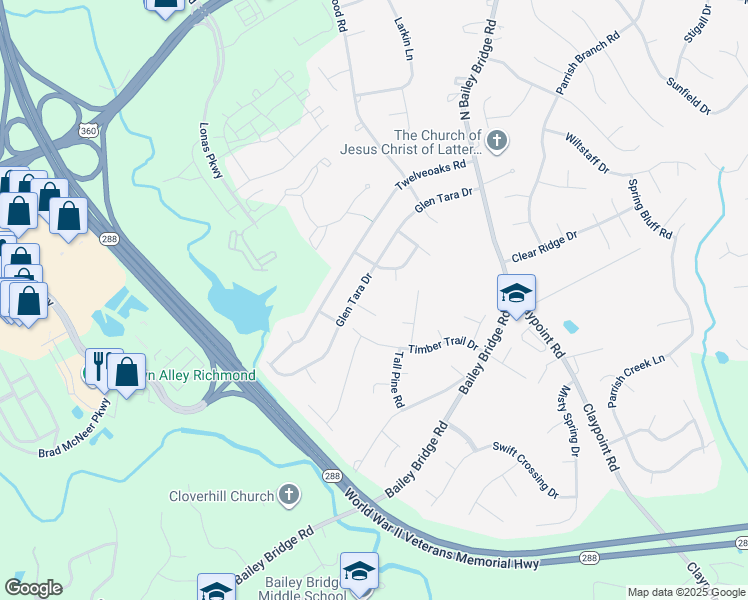 map of restaurants, bars, coffee shops, grocery stores, and more near 12206 Gable Way in Midlothian