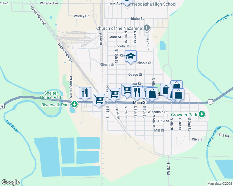 map of restaurants, bars, coffee shops, grocery stores, and more near 201 North 10th Street in Neodesha