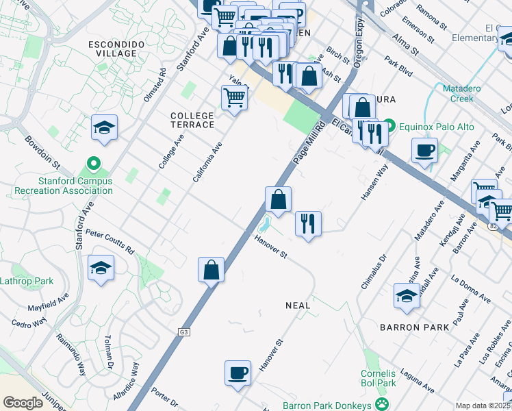 map of restaurants, bars, coffee shops, grocery stores, and more near 1000 Page Mill Road in Palo Alto