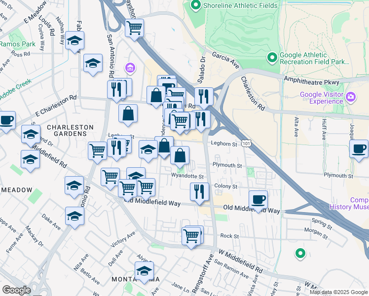map of restaurants, bars, coffee shops, grocery stores, and more near 2301 Leghorn Street in Mountain View