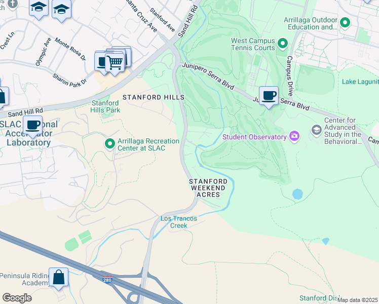 map of restaurants, bars, coffee shops, grocery stores, and more near 2455 Alpine Road in Menlo Park