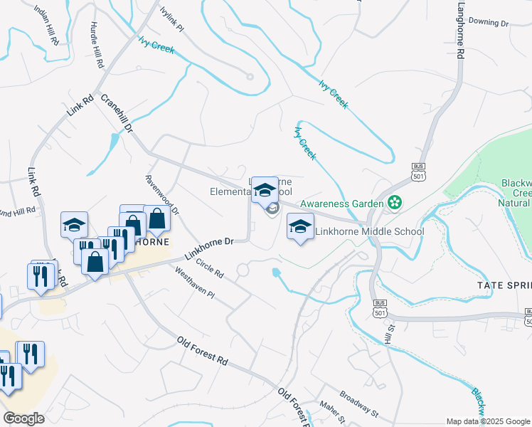 map of restaurants, bars, coffee shops, grocery stores, and more near 2501 Linkhorne Drive in Lynchburg