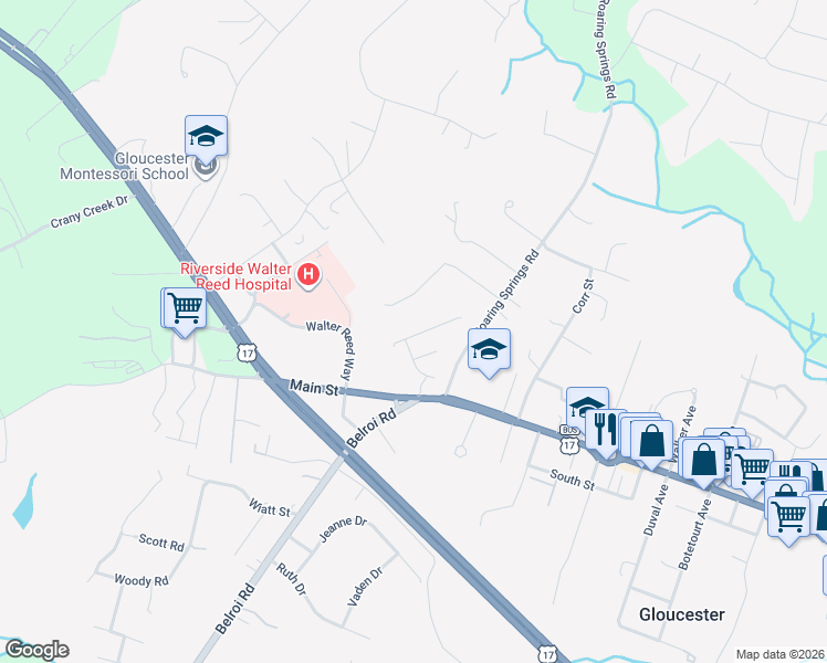 map of restaurants, bars, coffee shops, grocery stores, and more near 7654 Forbes Road in Gloucester