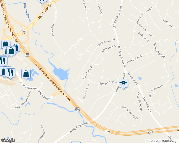 map of restaurants, bars, coffee shops, grocery stores, and more near 12218 Gable Way in Midlothian