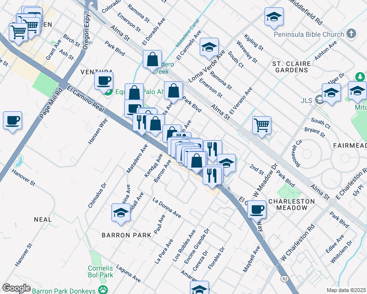 map of restaurants, bars, coffee shops, grocery stores, and more near 389 Madeline Court in Palo Alto