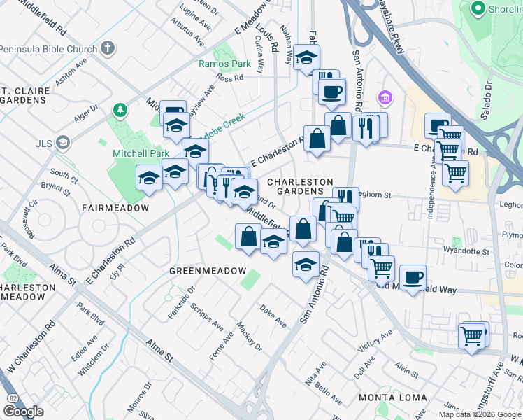 map of restaurants, bars, coffee shops, grocery stores, and more near 4012 Sutherland Drive in Palo Alto