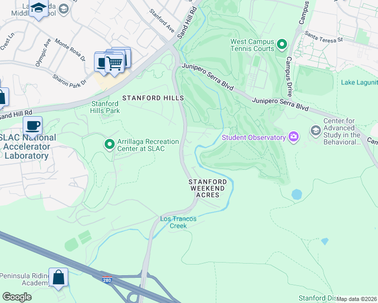map of restaurants, bars, coffee shops, grocery stores, and more near 2455 Alpine Road in Menlo Park