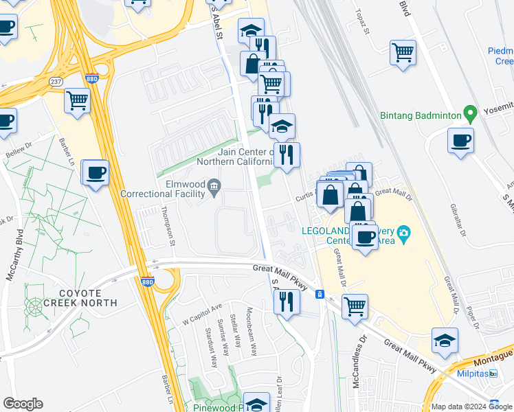 map of restaurants, bars, coffee shops, grocery stores, and more near 645 South Abel Street in Milpitas