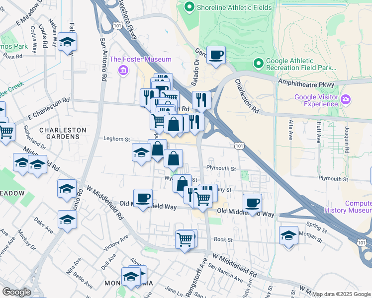 map of restaurants, bars, coffee shops, grocery stores, and more near 2146 Leghorn Street in Mountain View